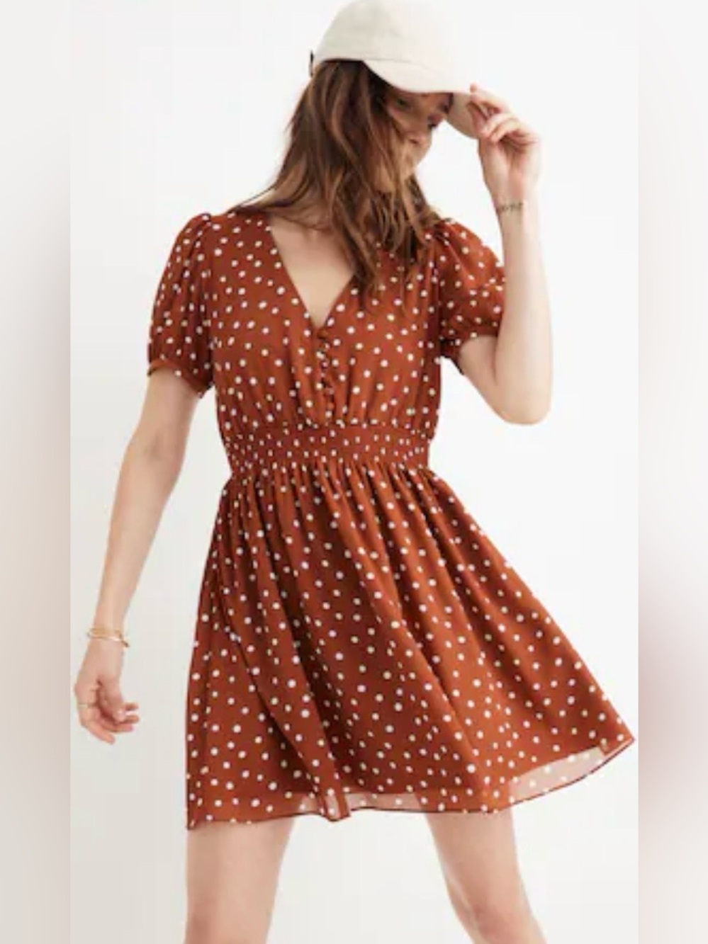 Madewell Smocked-Waist Mini Dress in Clay/White Inkspot Polka Dots ZB1